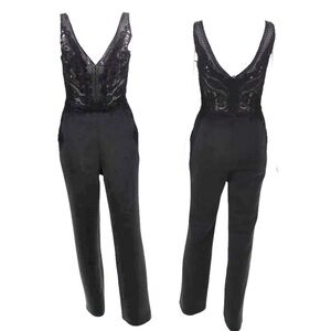 NWT Badgley Mischka Jumpsuit Size 0 Black Nude Mesh Lace Straight Leg